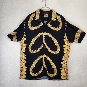 Tommy Hilfiger Mens Hawaiian Shirt Navy Blue Rayon Hula Girl Floral Lei Large